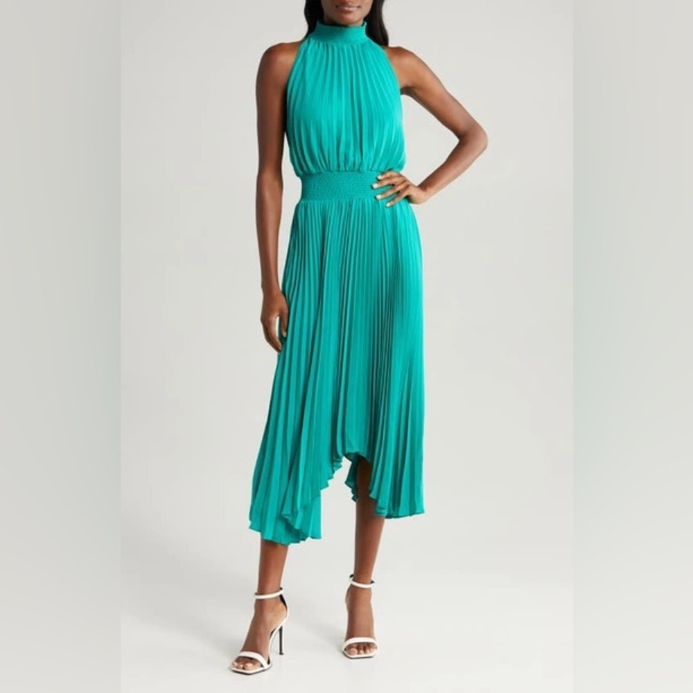 HALOGEN Pleated Sharkbite Hem Midi Dress In Miami Green M